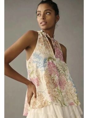Anthropologie Pilcro The Tavi Tank XS 100% Linen Floral Motif Top Tie Neck EUC